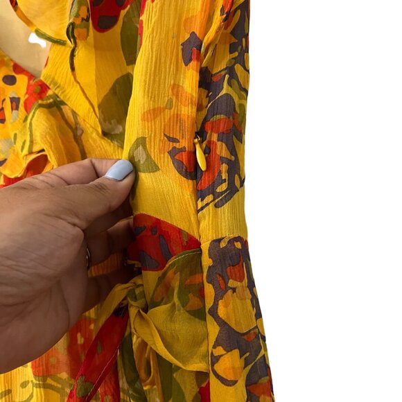 Sundance Womens Golden Yellow Floral Faux Wrap Ruffle Silk Dress Size Petite 2 - Picture 6 of 6